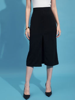 Buynewtrend - Black Below Knee Slit Women Straight Midi Skirt
