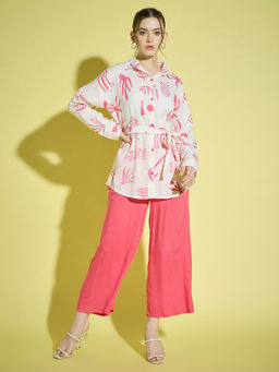 Buynewtrend - White Pink Floral Printed Rayon Women's Shirt with Pant and Belt (Set of 3)