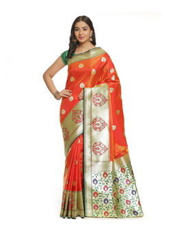 Banarasi Silk Works - Women Orange Satin Saree with Unstitched Blouse