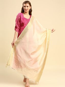 Dupatta Bazaar - Womens Cream Banarasi Silk Dupatta with Temple Border
