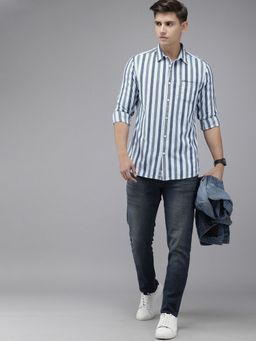 The Bear House - Men Blue Slim Fit Striped Pure Cotton Casual Shirt