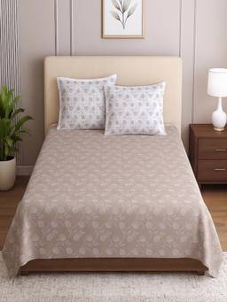 Threadwear - Beige Floral Cotton Flat Single Bed Size Bedsheet