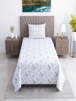 Threadwear - White Floral Cotton Flat Single Bed Sheet with Pillow Cover