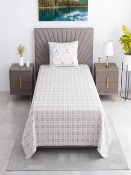 Threadwear - White Floral Cotton Flat Single Bed Sheet with Pillow Cover