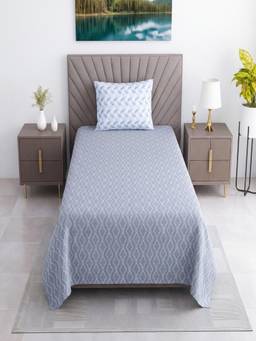 Threadwear - Blue Floral Cotton Flat Single Bed Sheet with Pillow Cover
