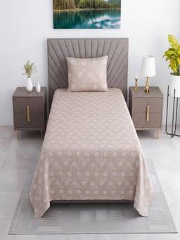 Threadwear - Beige Floral Cotton Flat Single Bed Sheet with Pillow Cover