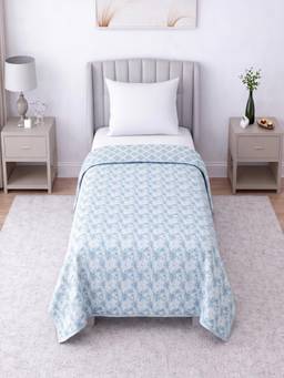 Threadwear - Blue and White Floral Cotton Reversible Single Bed Dohar