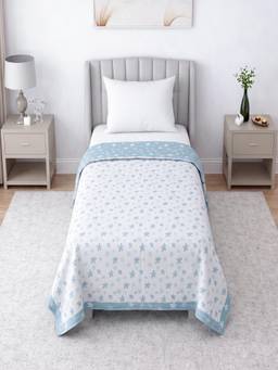 Threadwear - Blue and White Floral Cotton Reversible Single Bed Dohar