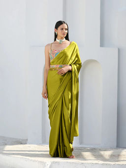 Swtantra - Lime Satin Saree with Gold tassel Pendants