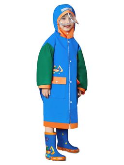 Little Surprise Box - Blue Green Sleeve Dino Digger Knee Length Raincoat with Pouch for Kids