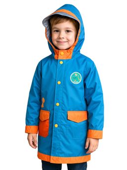 Little Surprise Box - Blue Orange Dino Digger Knee Length Raincoat with Pouch for Kids