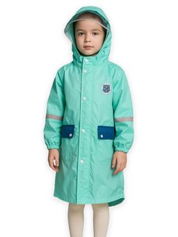 Little Surprise Box - Minimal Mint & Blue Pocket Knee Length Raincoat with Pouch for Kids
