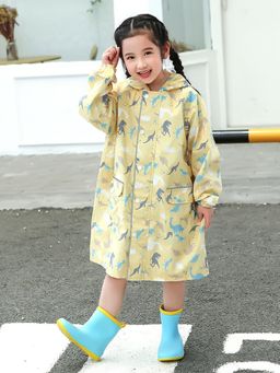 Little Surprise Box - Pastel Yellow Dino Print Knee Length Raincoat with Pouch for Kids