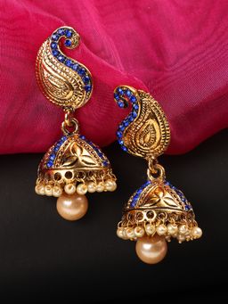 Anika's Creations - Gold Plated Stylish Ethnic Style Blue Carry Stone and Pearl Drop Jhumka Earring