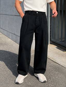 The Indian Garage Co - Men Barrel Fit Solid Mid-Rise Jeans-Black