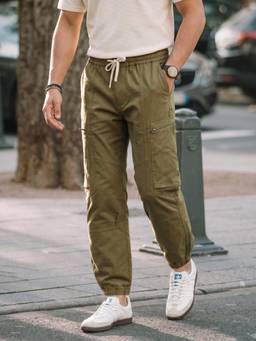 The Indian Garage Co - Men Relaxed Fit Solid Cargo Pocket Mid-Rise Joggers-Olive