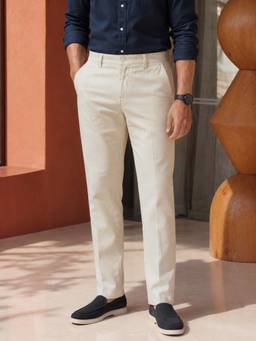 The Indian Garage Co - Men Slim Fit Solid Cross Pocket Mid-Rise Chinos-Off White