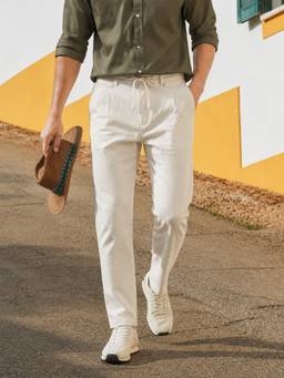 The Indian Garage Co - Men Regular Fit Solid Mid-Rise Trousers-Off White