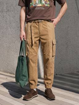 The Indian Garage Co - Men Loose Fit Textured Cargo Pocket Mid-Rise Joggers-Khaki