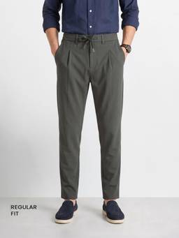 The Indian Garage Co - Men Regular Fit Solid Mid-Rise Trousers-Olive