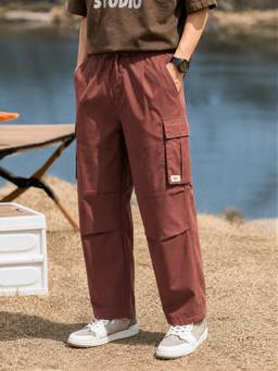 The Indian Garage Co - Men Wide Leg Solid Cargo Pocket Mid-Rise Cargo Pant-Brown