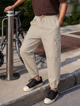 The Indian Garage Co - Men Relaxed Fit Solid Mid-Rise Joggers-Beige