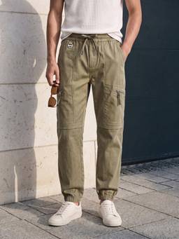 The Indian Garage Co - Men Relaxed Fit Solid Mid-Rise Joggers-Khaki