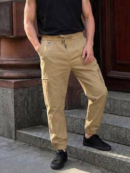 The Indian Garage Co - Men Relaxed Fit Solid Mid-Rise Joggers-Beige