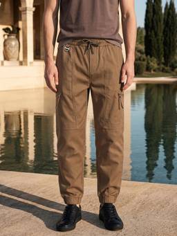 The Indian Garage Co - Men Relaxed Fit Solid Mid-Rise Joggers-Brown