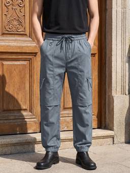 The Indian Garage Co - Men Relaxed Fit Solid Mid-Rise Joggers-Grey