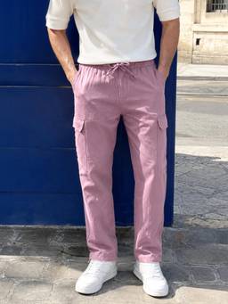 The Indian Garage Co - Men Straight Fit Solid Cargo Pocket Mid-Rise Cargo-Pink