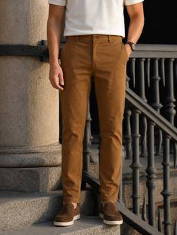 The Indian Garage Co - Men Regular Fit Solid Mid-Rise Chinos-Brown