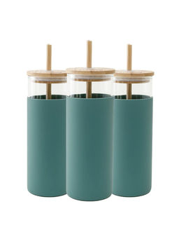 The Better Home - 450ml Borosilicate Tumbler With Sleeve and Bamboo Lid Straw Green (Pack of 3)