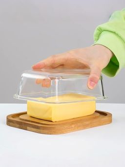 The Better Home - Borosilicate Glass Wooden Lid Butter Dish Light