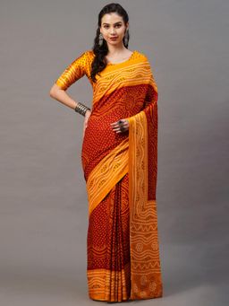 Akhilam - Rust & Musturd Casual Satin Silk Printed Saree with Unstitched