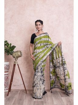 KISHORI - Pom-Pom Batik Print Cotton Mulmul Saree with Unstitched Blouse - Green