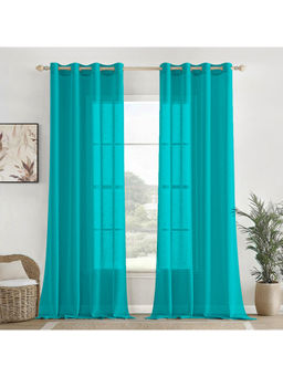 HOMEMONDE - Blue Cotton Opaque Textured Light Filtering Curtains (Pack of 2)