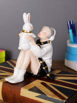 Aarvi Decor - Ceramic White Melody Girl & Bunny Figurine