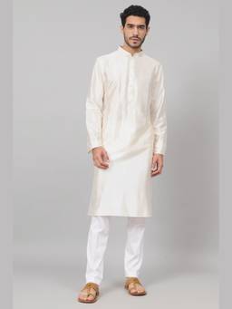 HILO DESIGN - Off White Plain Falling Raw Silk Kurta