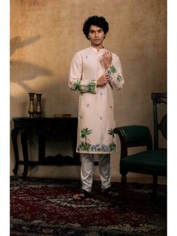 HILO DESIGN - Gajavana Beige Silk Embroidered Kurta