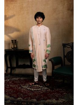 HILO DESIGN - Gajavana Beige Silk Embroidered Kurta with Dupatta