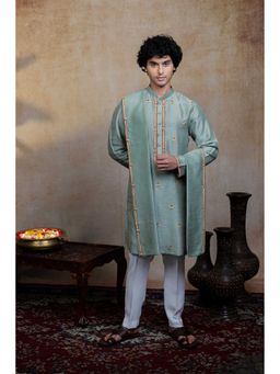 HILO DESIGN - Kalika Green Silk Embroidered Kurta with Dupatta