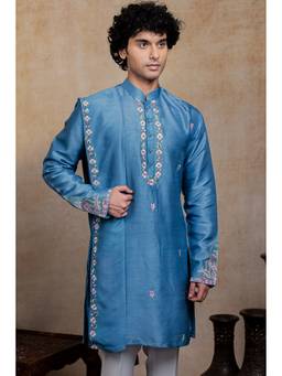 HILO DESIGN - Varnika Blue Silk Embroidered Kurta
