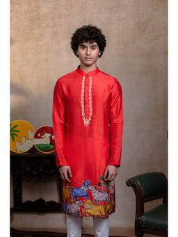HILO DESIGN - Padma Gopala Red Krishna Mural Silk Embroidered Kurta