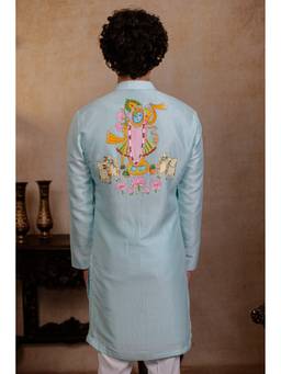 HILO DESIGN - Vrindavan Lotus Sage Green Hand Embroidered Falling Raw Silk Kurta