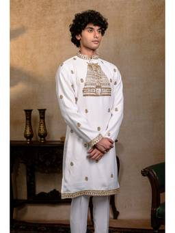 HILO DESIGN - Devalaya Ivory Cotton Blend Embroidered Kurta