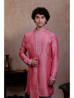 HILO DESIGN - Prism Motif Pink Silk Embroidered Kurta with Dupatta