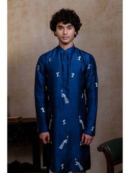 HILO DESIGN - Neel Mayura Teal Blue Peacock Silk Embroidered Kurta