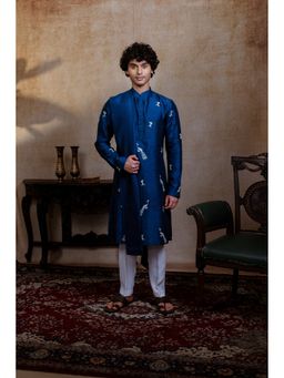 HILO DESIGN - Neel Mayura Teal Blue Peacock Silk Embroidered Kurta with Dupatta