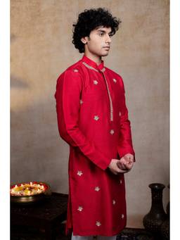 HILO DESIGN - Kumkuma Crimson Red Zari Silk Embroidered Kurta
